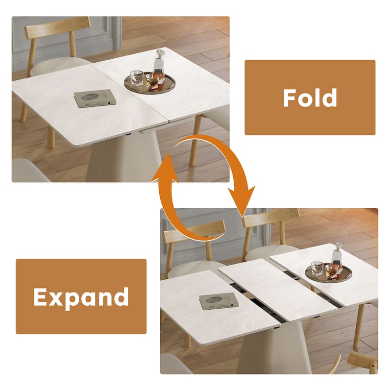 Retractable Rock Slab Dining Table Set, Modern 5-Piece Expandable Table with 4 Wooden Leg Chairs & Leather-Wrapped Base