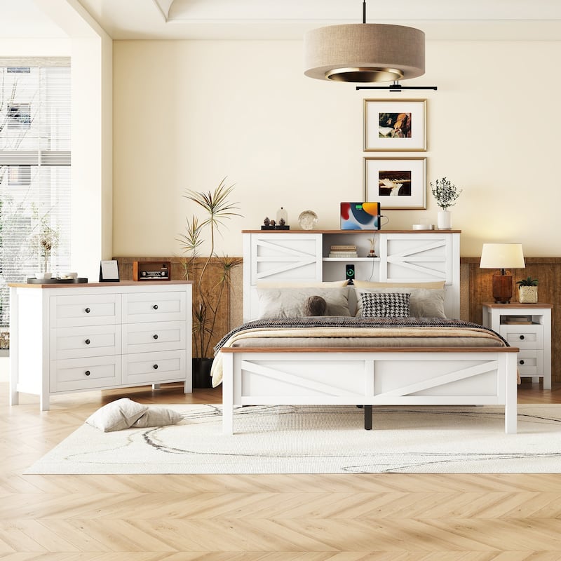 Full / Queen 3-Piece Bedroom Set with Platform Bed Storage Headboard USB Charging Nightstand and Dresser - White - Queen