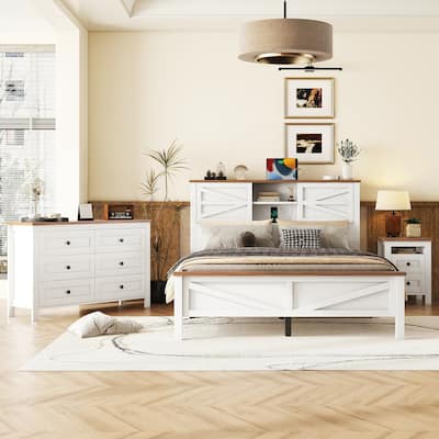 3-Pieces Bedroom Sets Farmhouse Platform Bed,Storage Nightstand and Dresser