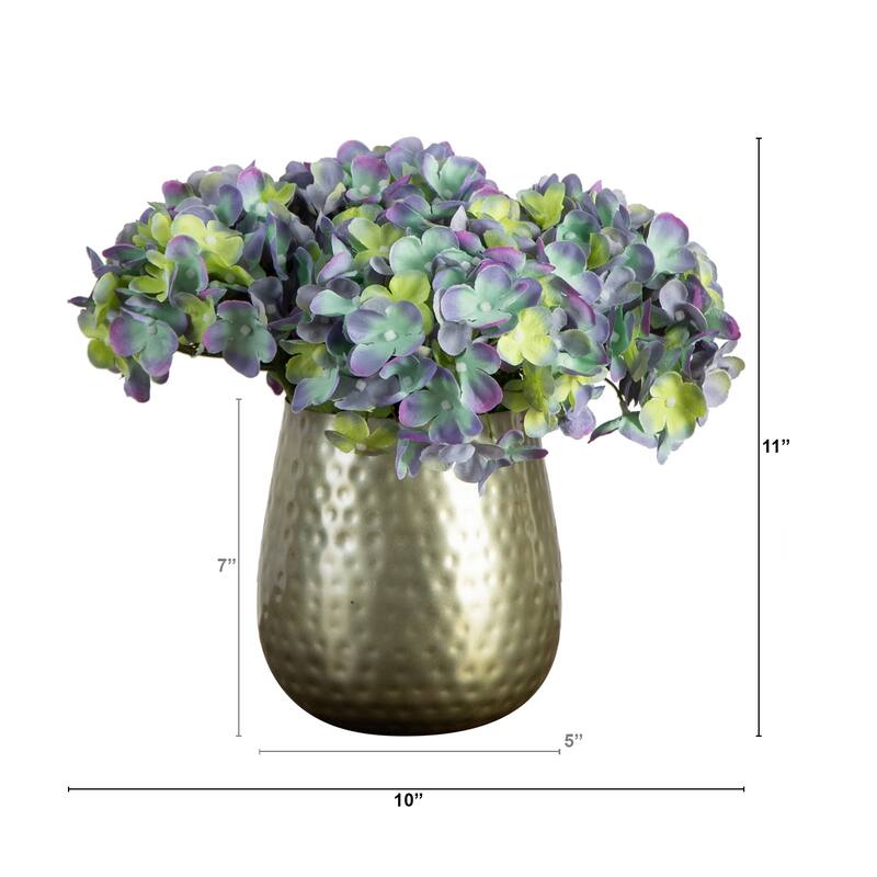 Hydrangea Artificial Floral Arrangement with Punched Vase - 11" - Blue and Yellow