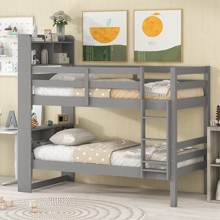 Gray Twin over Twin Solid Wood Bunk Bed with Bookcase Headboard, Safety Rail and Ladder, Can Be Converted into 2 Beds