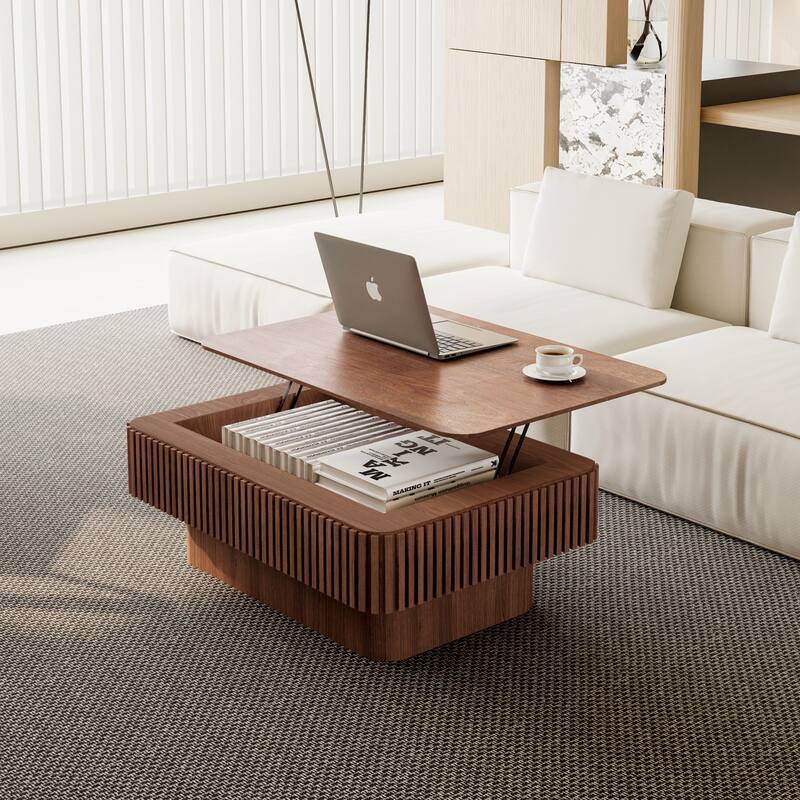 38.6" Fluted Lift-top Coffee Table, Coffee Table Accent Tea Table with Storage and Adjustable Height for Living Room