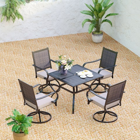 5-piece Patio Dining Set, 4 Rattan Swivel Chairs with Cushion and 1 Metal Table