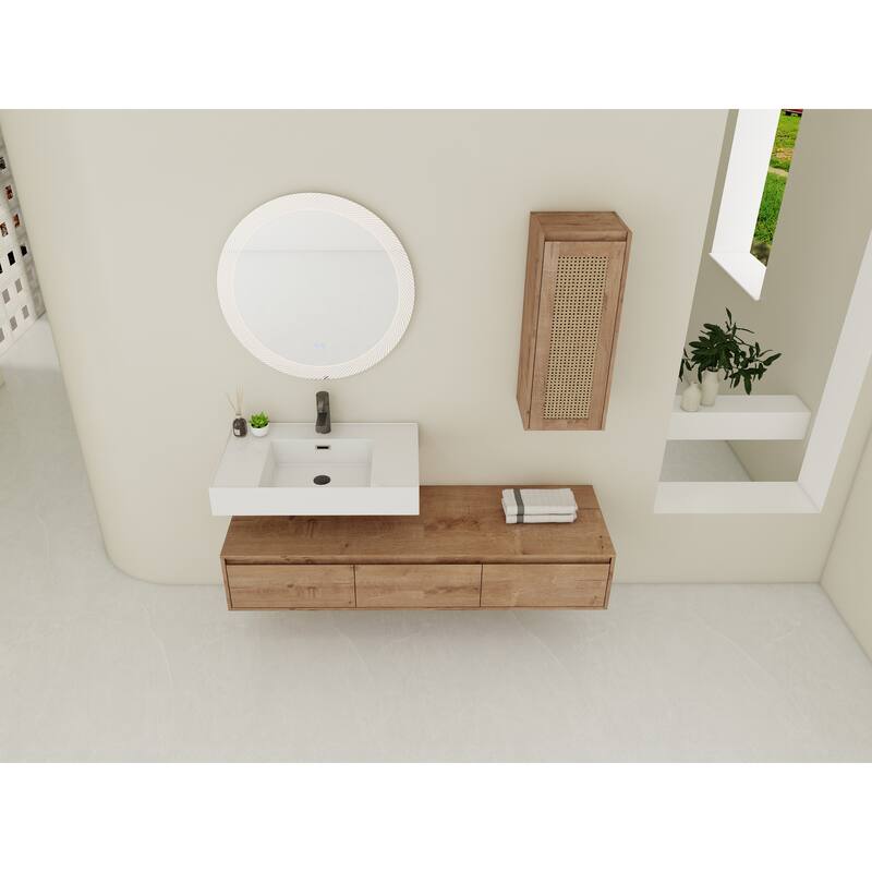 60 inch Wall-Mounted Bathroom Vanity with Resin Sink and Side Cabinet,3-Soft Close Drawer,Float Mounting Design