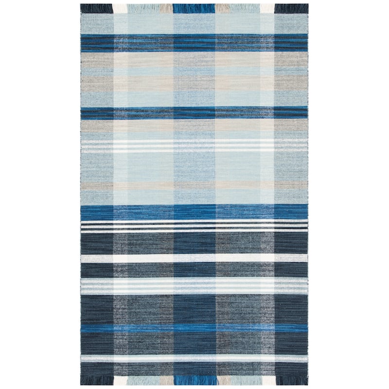 SAFAVIEH Striped Kilim Irsila Wool Fringe Rug - 6' Square - Navy/Charcoal