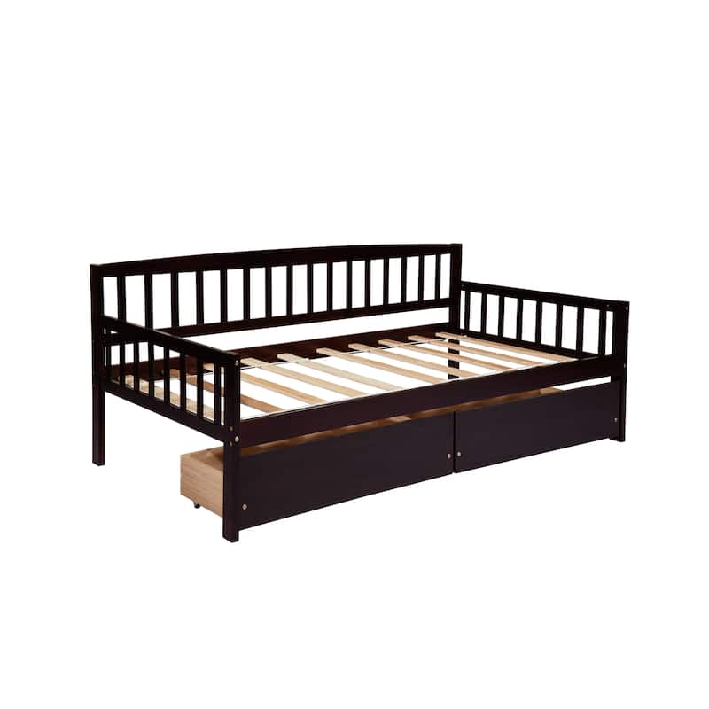 Twin-size Pine Wood Daybed with two Storage Drawers, Sofa Bed with Bed Platform of 10 Support Slats