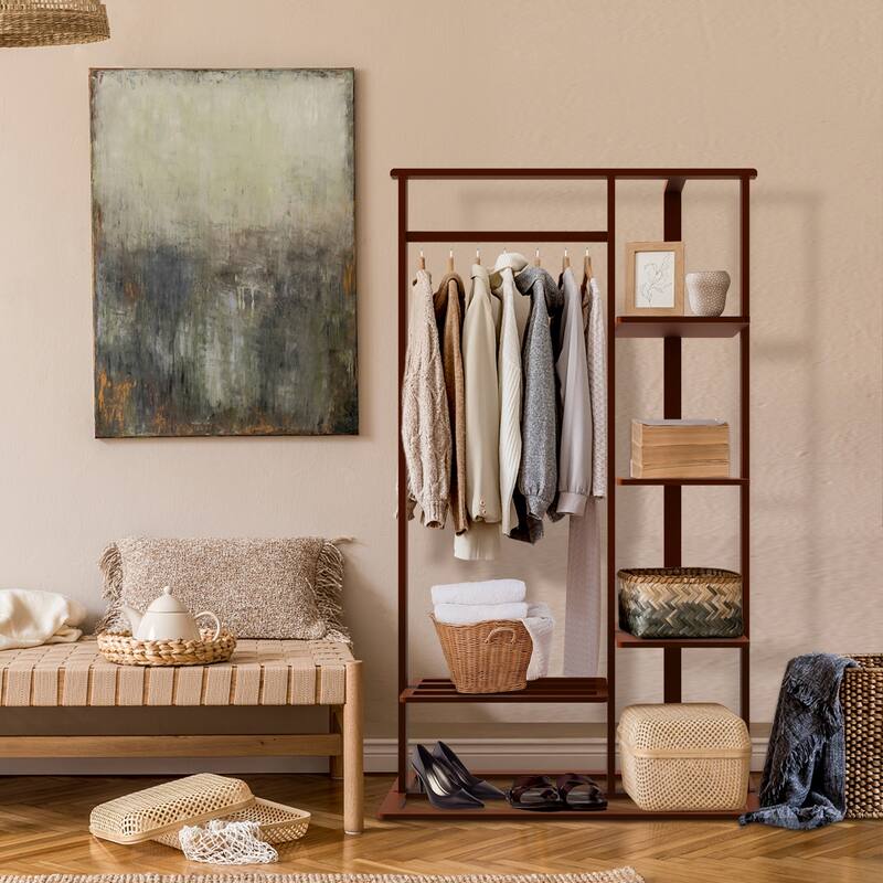 Bamboo Wooden Garment Rack Freestanding Closet Organizers - 39.8x16.1x67.3 inch