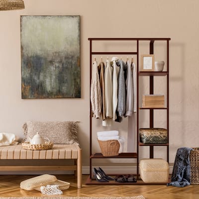 Bamboo Wooden Garment Rack Freestanding Closet Organizers - 39.8x16.1x67.3 inch
