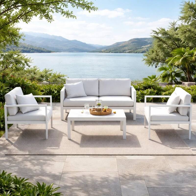 Kili 4 Piece Outdoor Sofa, Chairs, and Table Set, Crisp White Aluminum