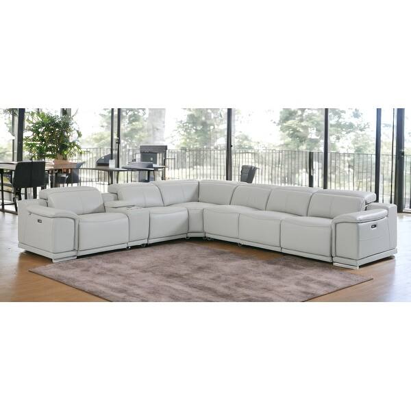 Gray Italian Leather Power Reclining U Shaped Seven Piece Corner Sectional With Console Gray Italian Leather Power Reclining U Shaped Seven Piece Corner Sectional With Console