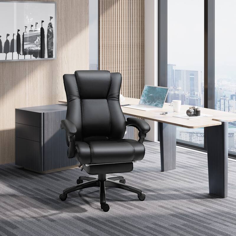 Leather Desk Chair Office Chair with Footrest, Black Executive Chair High Back Task Chair Visitor Chair with Wheels - Black