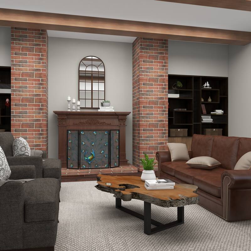 Blue Metal Rainbow 3 Panel Peacock Fireplace Screen with Crystal Accents and Black Frame