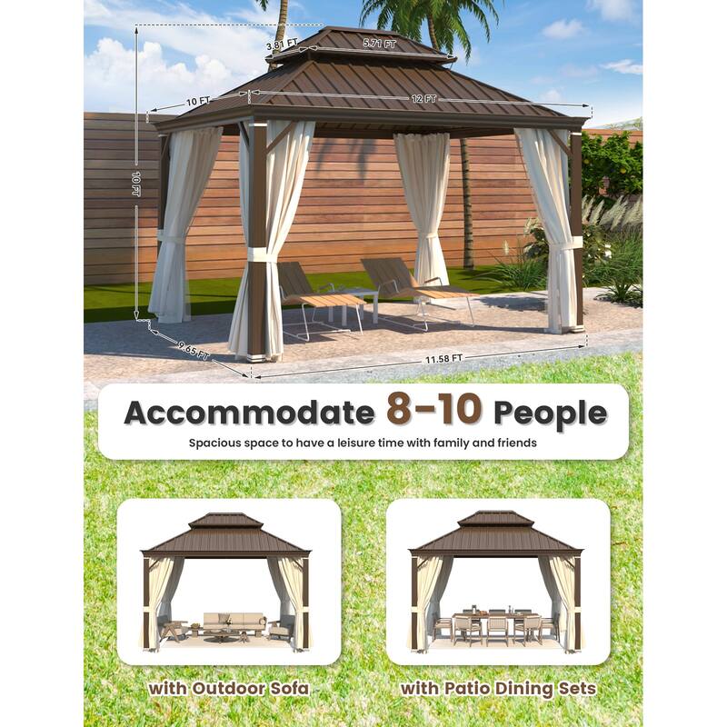 EROMMY Hardtop Gazebo W/Steel Double Roof, Anti-Rust Coating Aluminum Frame Permanent, Hard Top Gazebo for Garden Lawn Parties