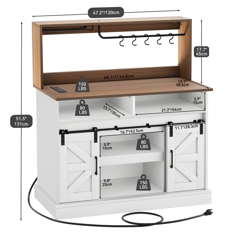 Moasis Farmhouse Coffee Bar Cabinet - 15.1"D x 47.2"W x 51.5"H