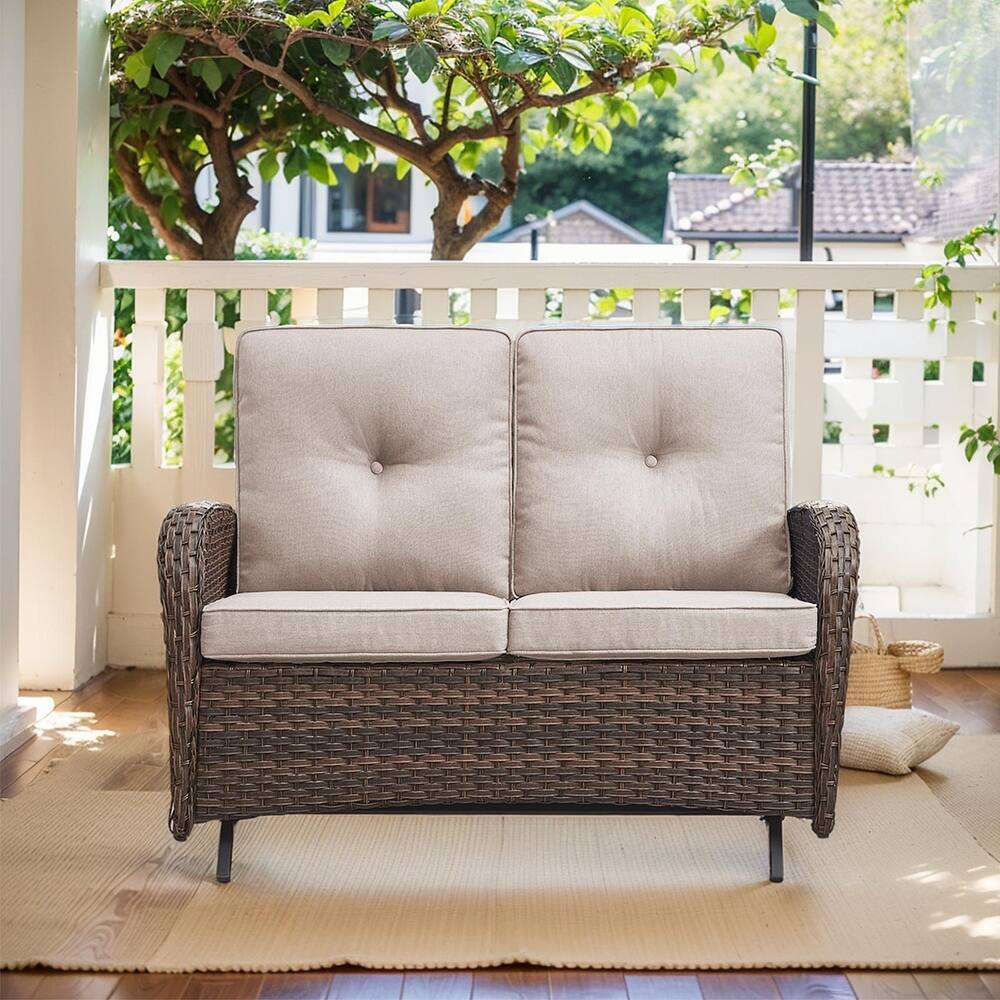 Outdoor Glider Loveseat Patio Sofa Brown-Beige - Brown