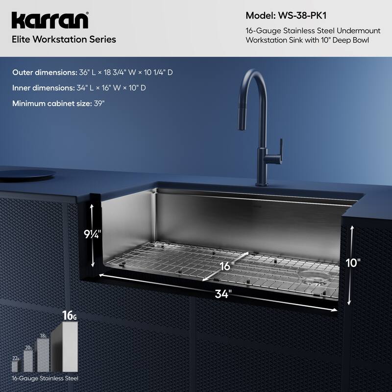 Karran Elite WS-38-PK1 Undermount 36" Single Bowl Stainless Steel Workstation Kitchen Sink