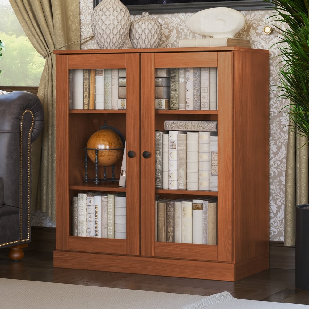 100% Solid Wood Short Bookcase with Glass Doors, Adjustable Shelves, Modular Storage Bookshelf, 32" W x 35.75" H