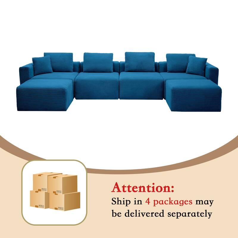 Corduroy Sectional Modular Sofa with Square Arms & Ottoman Extension for Flexible Arrangements