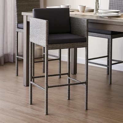 Lexy Outdoor Barstool Chairs Set of 4, Black Fabric and Gray Rattan