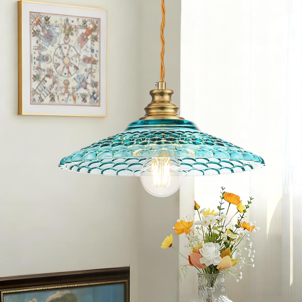 1-Light Vintage Brass & Textured Blue Glass Pendant Light for Kitchen Island, Dining Room - 1 Light