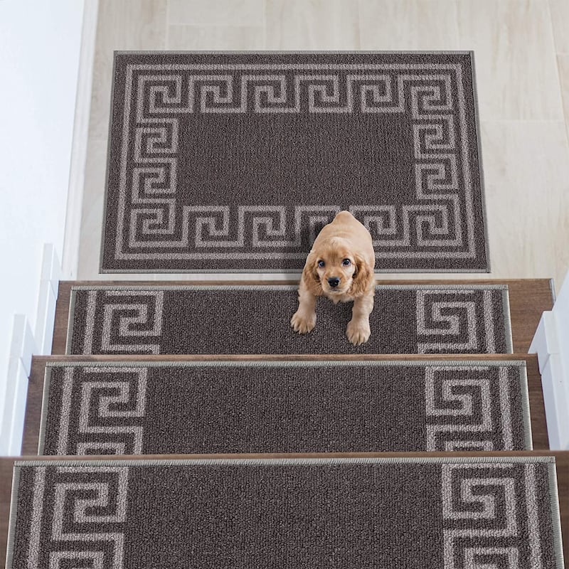 Stair Treads Greek Key Meander Design Non Slip Backing, 8.5''X26'' - Set of 7 - Dark Gray