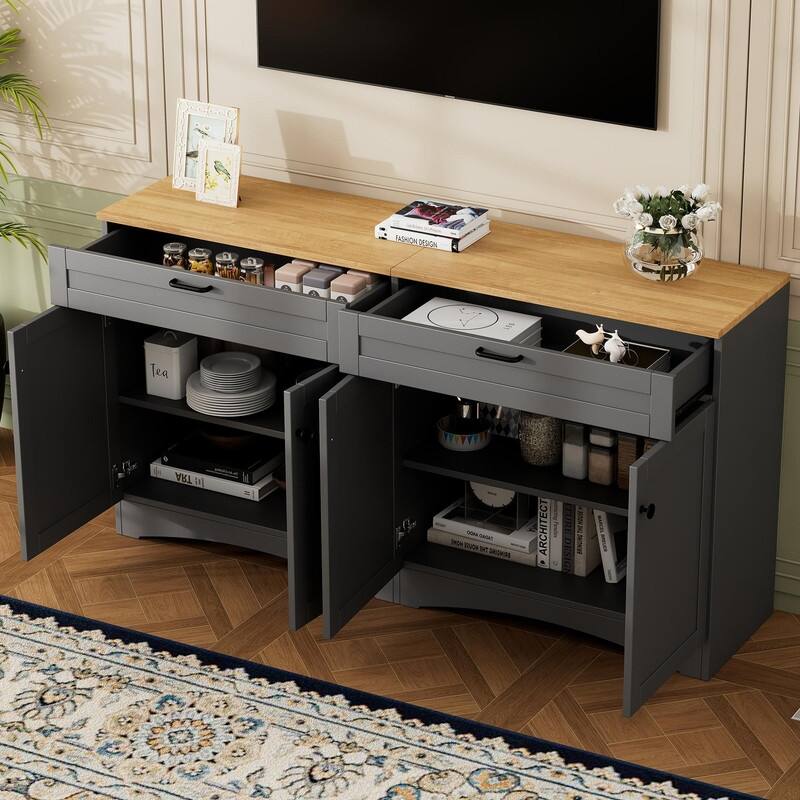 Farmhouse TV Stand 2 Drawers for TVs Up to 70",Mid-Century Buffet Cabinet with Adjustable Shelves - Grey