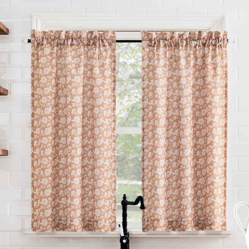 No. 918 Mistral 2-pack Floral Semi-Sheer Rod Pocket 2-Piece Kitchen Curtain Tier Pair - 54" x 24" - Terracotta