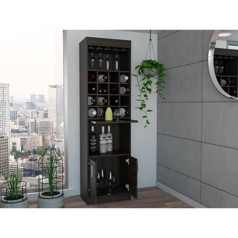 TUHOME Kava Bar Cabinet with 16 Wine Cubbies, 12 Glass Racks, 1 Shelf, Concealable Serving Tray, and Double Door - N/A