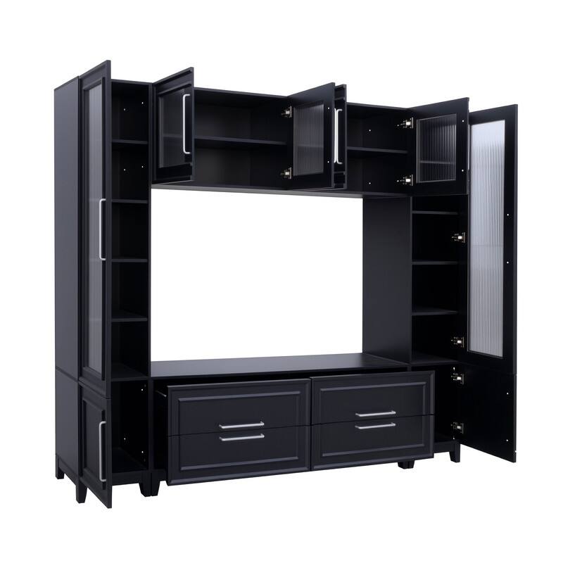Modern 102" W Wall Unit Entertainment Center for TVs up to 75", Large Media TV Console with Glass Doors and Drawers