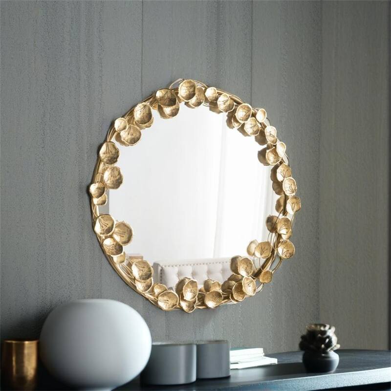 Round Metal Wall Mirror with Golden Leaf Accents - Gold
