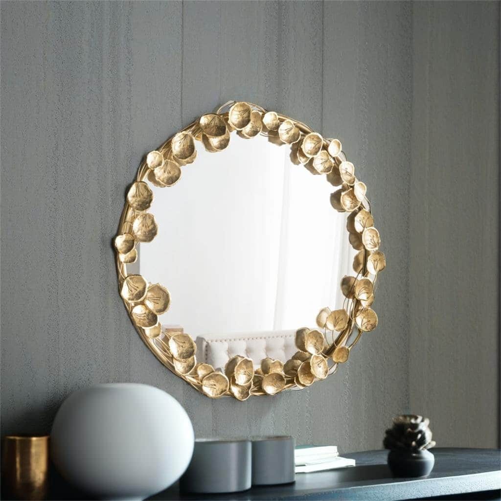 Round Metal Wall Mirror with Golden Leaf Accents