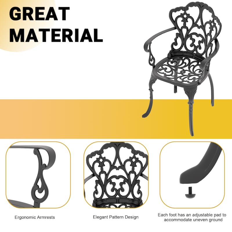 Black Cast Aluminum Patio Outdoor Dining Chairs with Seat Cushions