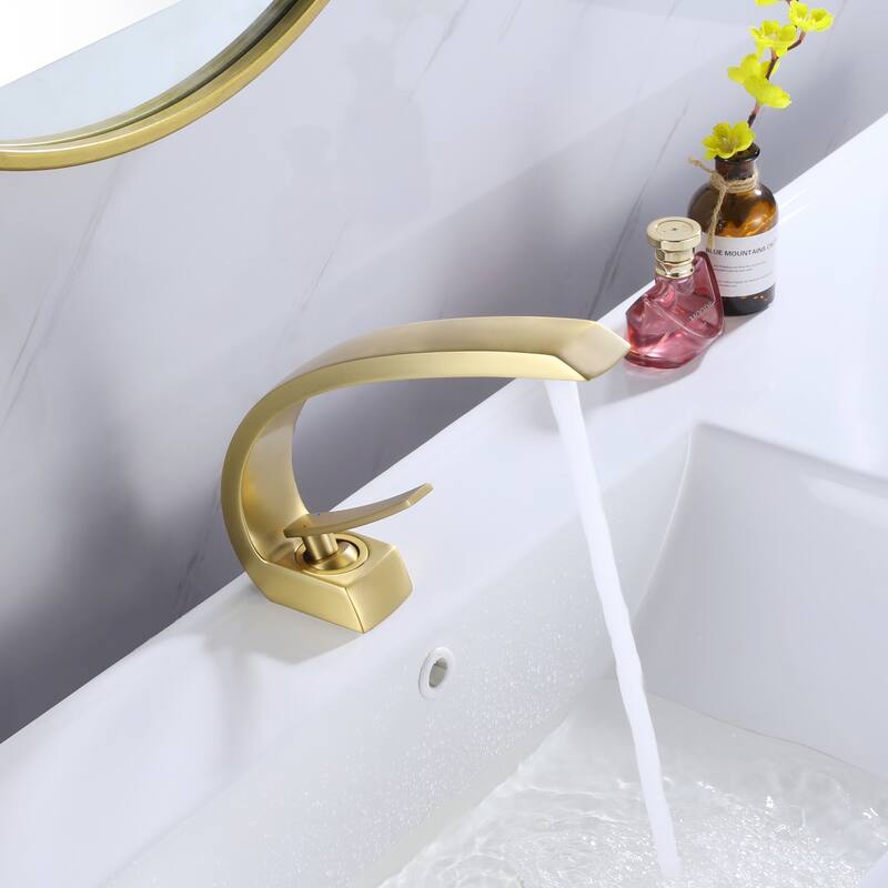 Modland Modern Single Hole Brushed Gold Bathroom Sink Faucet Curved Spout with Deck Plate
