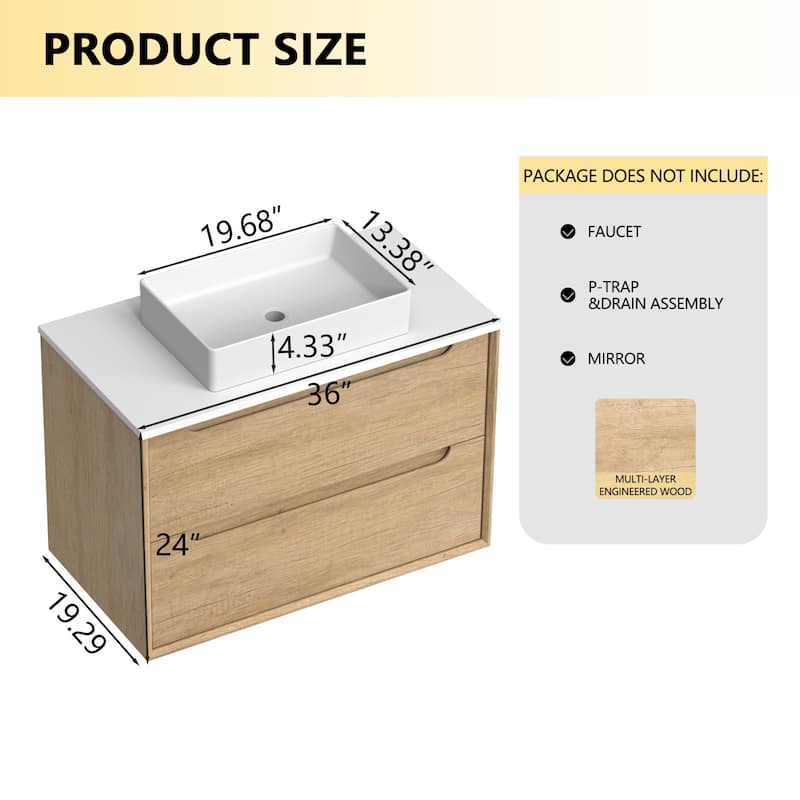 36" Solid Wood Bathroom Vanity with White Quartz Countertop Ceramic Square Sink