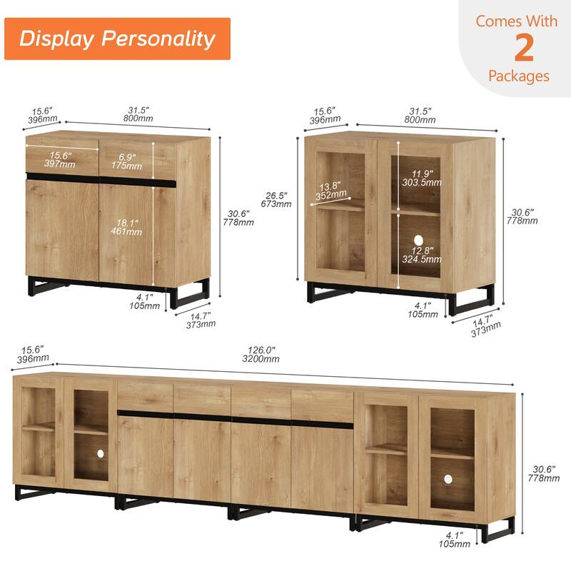 Modern Sideboard with Adjustable Shelves, 4 in 1 Storage Cabinet with Glass Doors, Coffee Bar Cabinet for Living Room, Kitchen