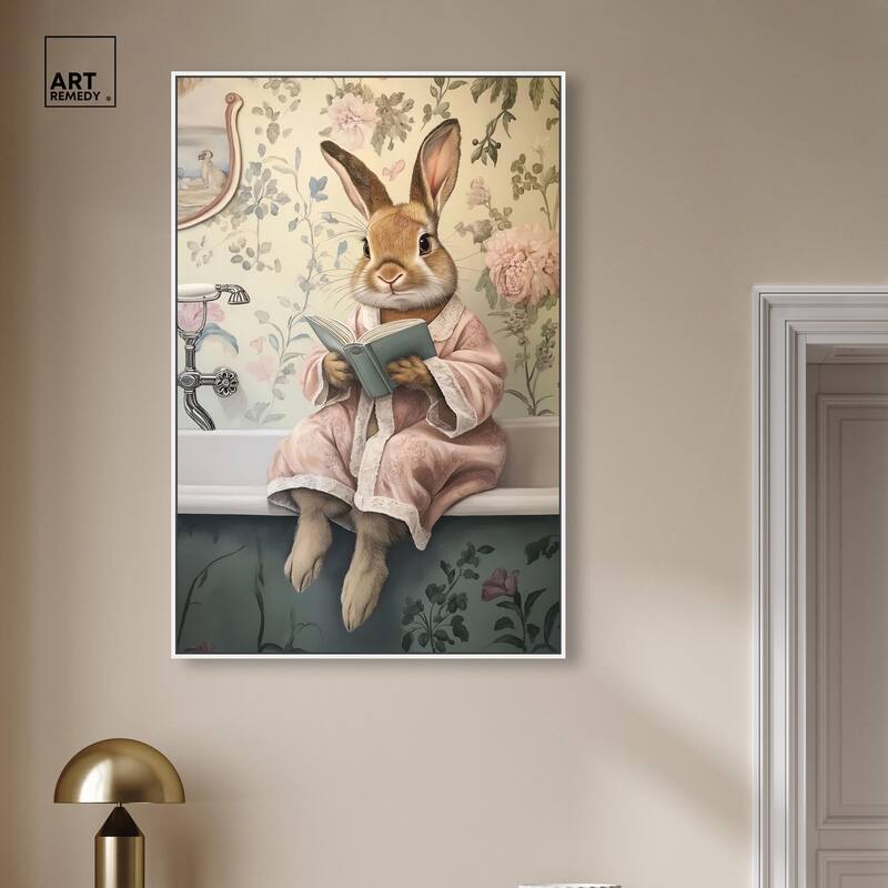 Bunny Bibliophile Bathing Canvas by Art Remedy