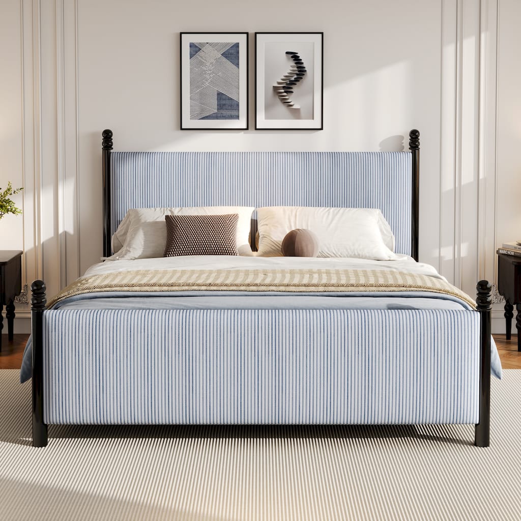 Queen/King Upholstered Bed with 48 inch High Headboard and Striped Design