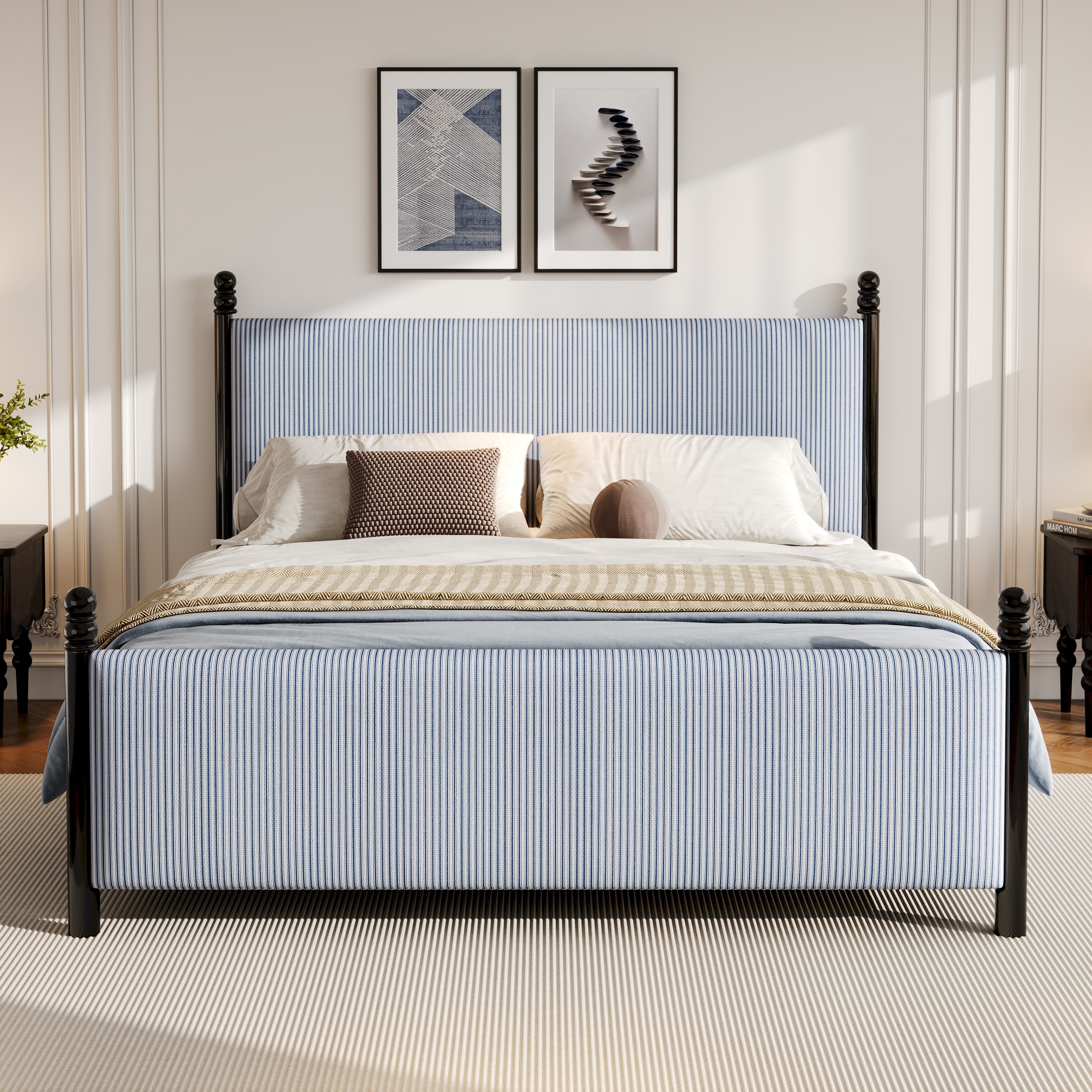 Queen/King Upholstered Bed with 48 inch High Headboard and Striped Design
