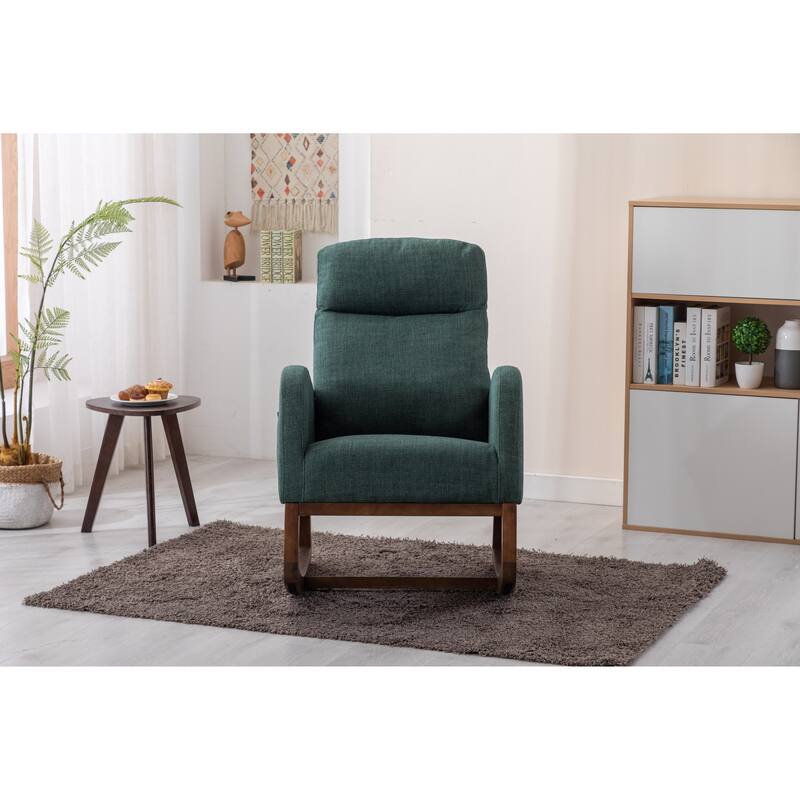 Modern Accent Upholstered Rocking Rocker High Back Arm Chair with Wooden Frame Side & Pockets for Living Room