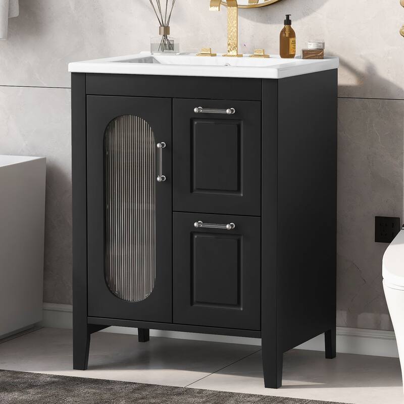 24" Black Bathroom Vanity with Sink - Solid Wood & MDF, Moru Glass Door, 2 Drawers, Adjustable Shelf - 24 in ,Black ,Solid Wood+MDF - Black