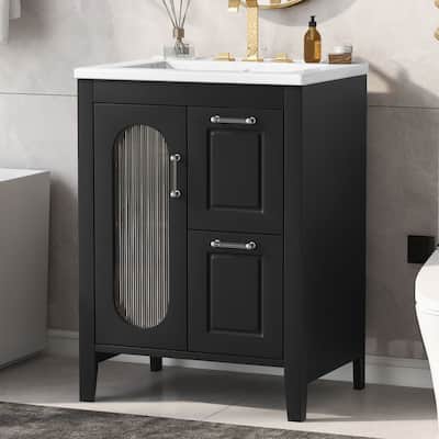 24" Black Bathroom Vanity with Sink - Solid Wood & MDF, Moru Glass Door, 2 Drawers, Adjustable Shelf