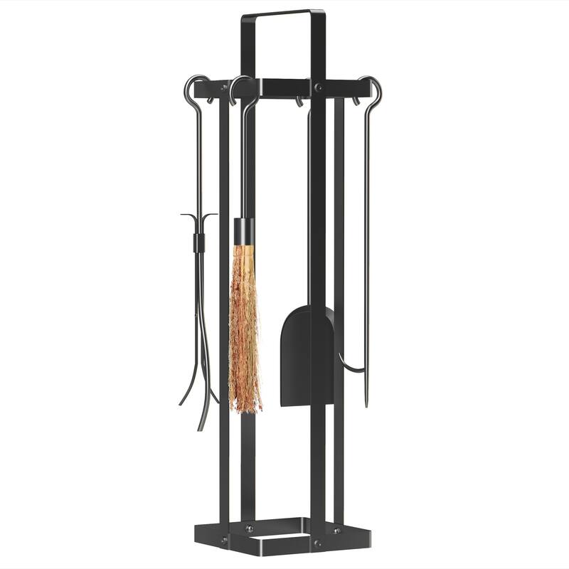 5 Piece Metal Fireplace Tools Set with Brush Broom, Poker, Shovel, Tongs and Stand for Chimney