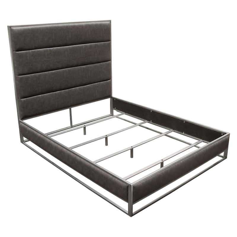 Chek Queen Size Bed, Gray Faux Leather Upholstery w Silver Metal Frame