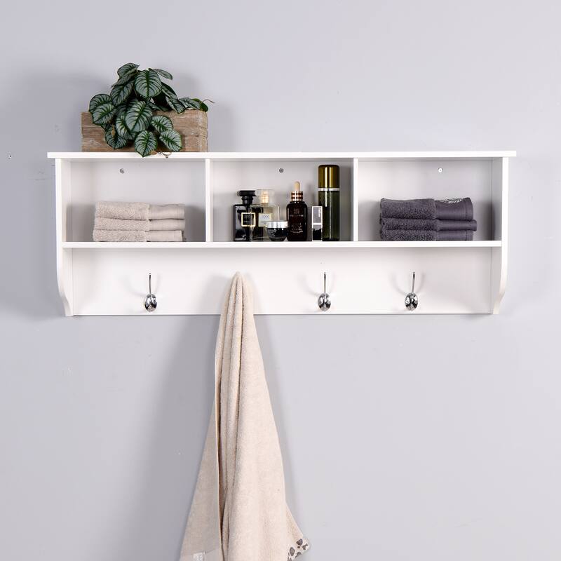 Anmytek White Wall Mounted Coat Rack 4 Dual Hooks Wooden Storage Shelf Entryway Living Room