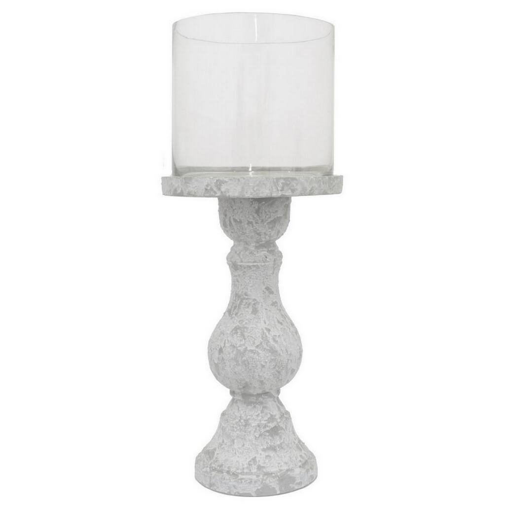 Kris Candle Holder, Hurricane Glass Top, White Gray Ceramic 15 Inch - White, Gray, Clear