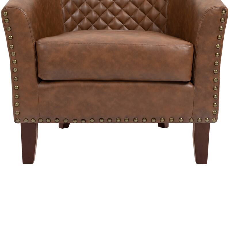 2 Set 29" W Vegan Leather Barrel Accent Chairs with Nailheads Trim