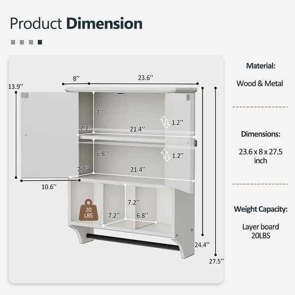 dimension image slide 4 of 7, Futzca Bathroom Cabinet Wall Mounted, Storage Cabinet with Doors and Shelves