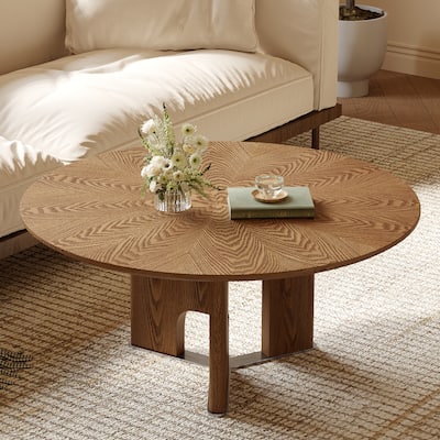 Compact Round Coffee Table Low Height Profile Center Table with Irregular Legs and Natural Ash Wood Veneer Wood Grain