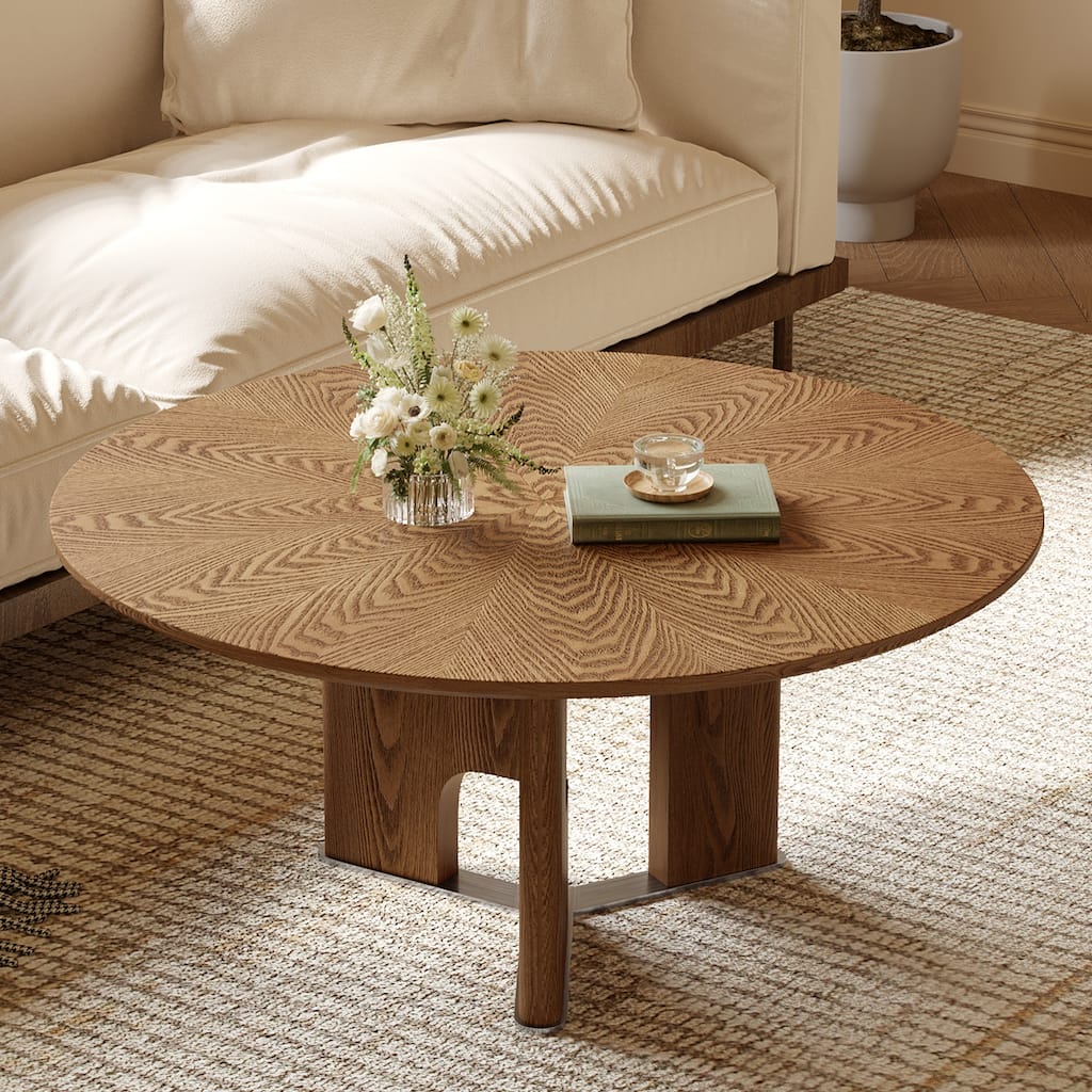 GDFStudio - Rustic 31.5" Free-Form Coffee Table with Ash Wood Veneer & Pedestal Base for Small Living Room
