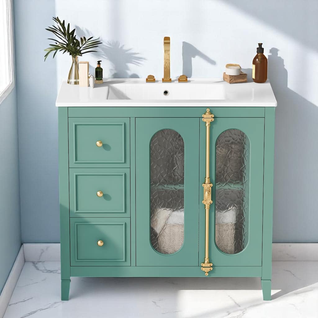 Modern 36 Inch Bathroom Vanity with Ceramic Top, Patterned Glass Doors, 3 Drawers, MDF Cabinet with Gold Handles
